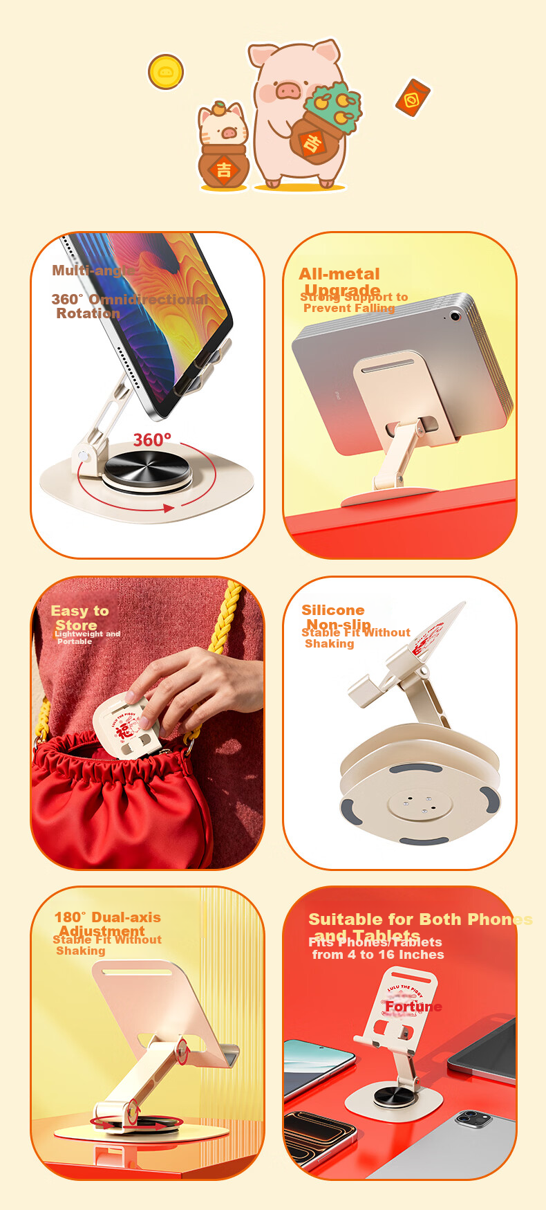ROCK Crayon Shin-Chan Mobile Phone Stand, Desktop Tablet Stand, Live Streaming Gaming Online Class Binge-Watching, Multifunctional Metal Cute Compact Foldable Portable 360° Rotating Support Stand 2