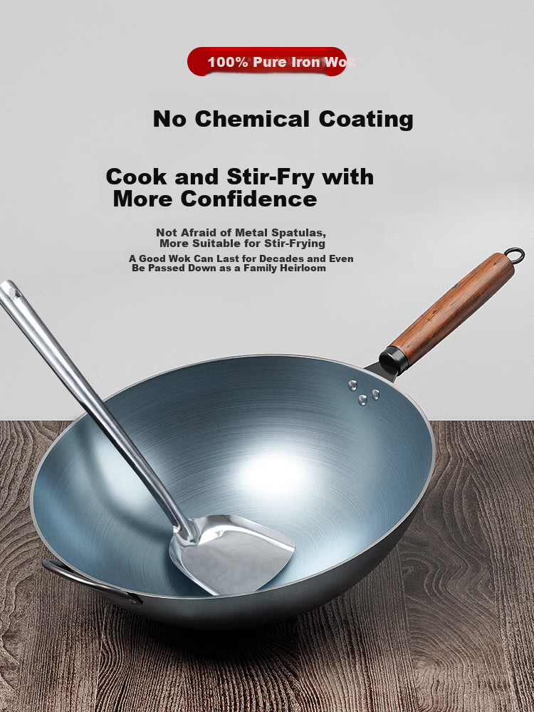Deming 34CM Carbon Steel Wok Non-Coated Gas Stove Round Bottom Stir-Fry Pan for Home Cooking 4