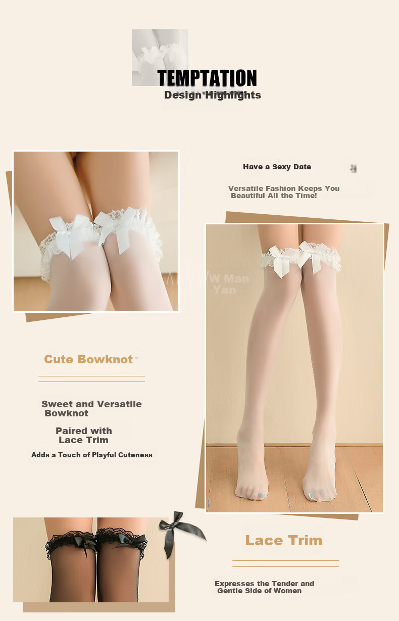 Zhenmei Women's Sexy White Silk Stockings with Bowknot Lace Trim, Over-the-Knee Thigh-High JK Style, White 7129 4