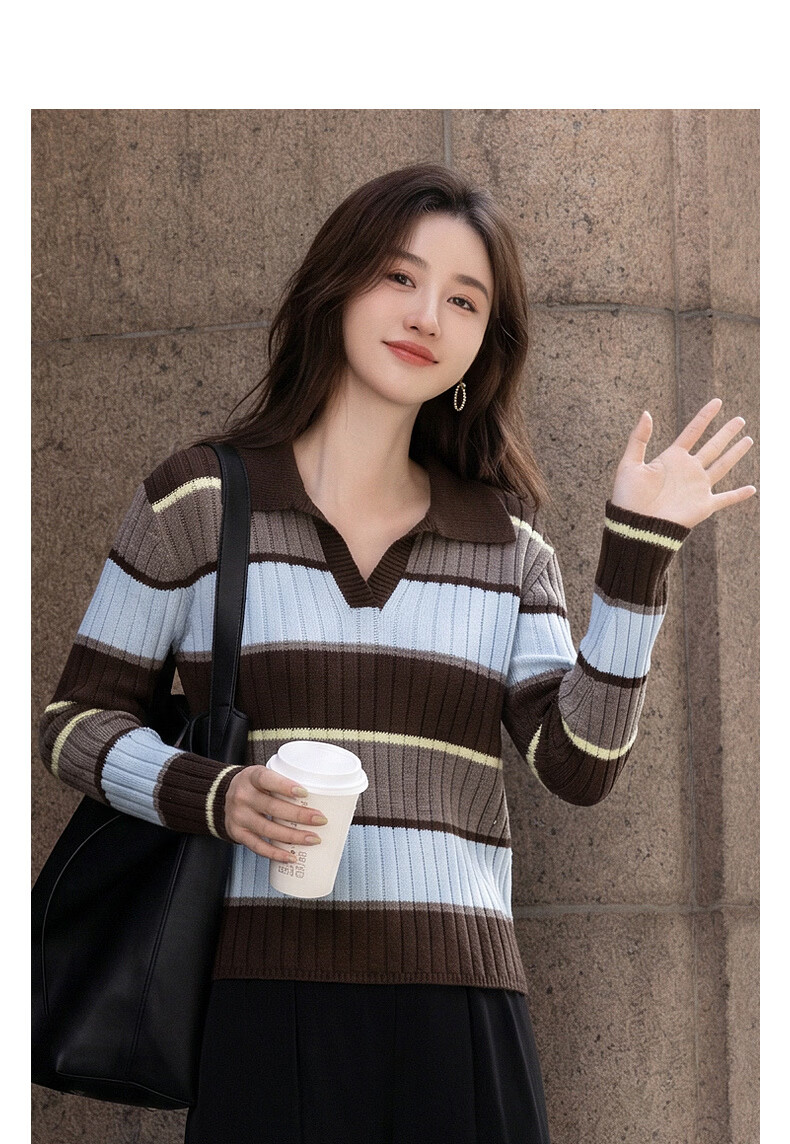 Demana Fluffy Wool Autumn Literary College Lapel Colorblock Striped Loose Slim Knit Sweater for Women Premium Feel 2