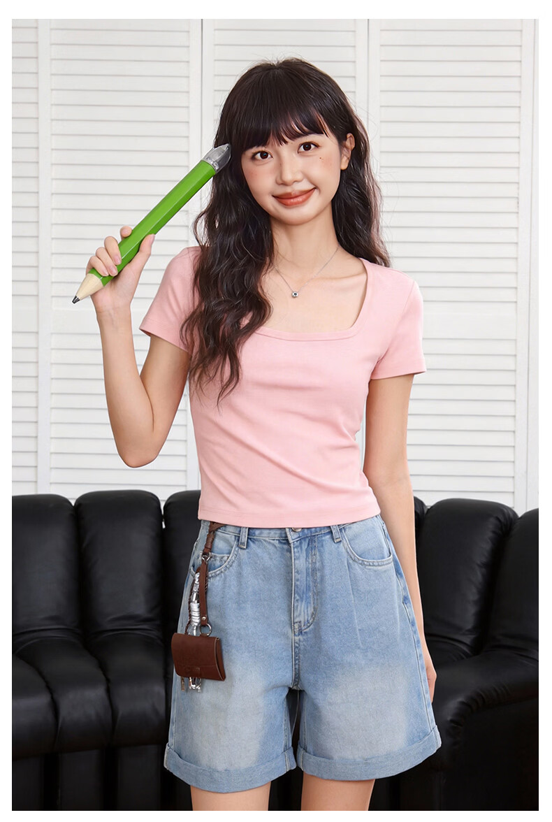 TonLion Women's Short Sleeve Square Neck Slim Fit Shoulder T-Shirt Summer New Short Top for Petite Women 7