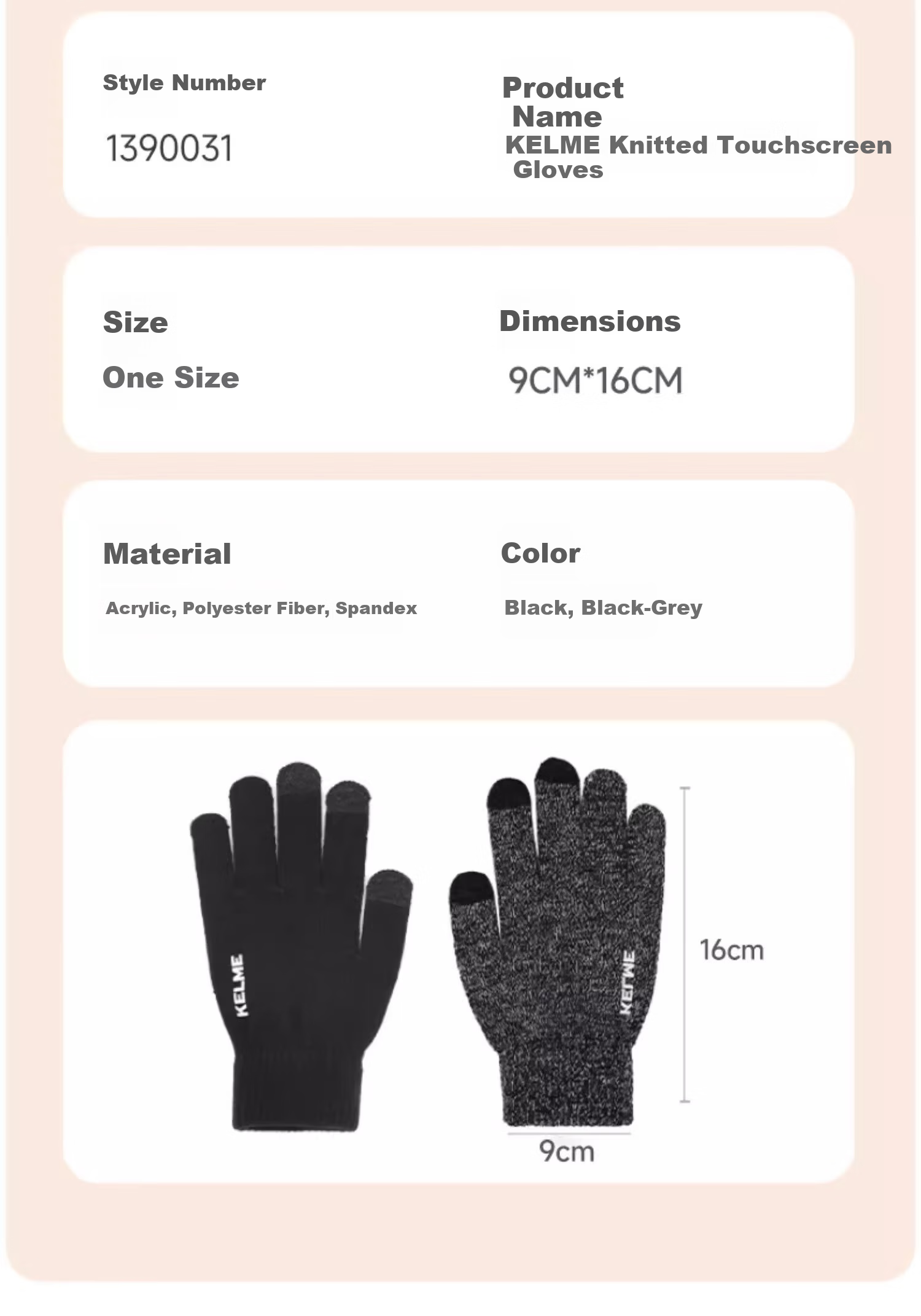 KELME Fleece-Lined Thermal Knitted Touchscreen Gloves Non-Slip Full Palm Sports Cycling Football Running Cold-Resistant 10