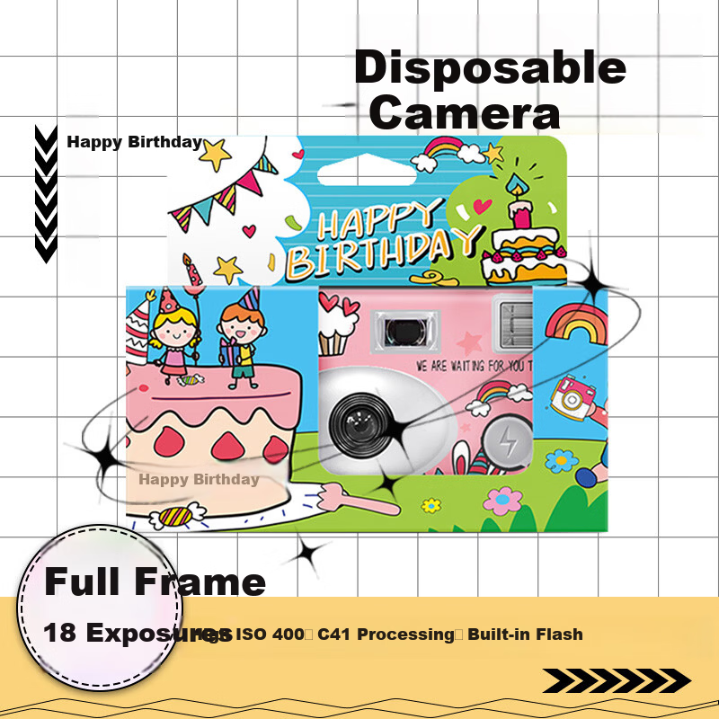 Bright Illustration Disposable Film Camera Happy Birthday Full Frame 18 Shots Point-and-Shoot Student Gift (Includes Developing and Scanning)