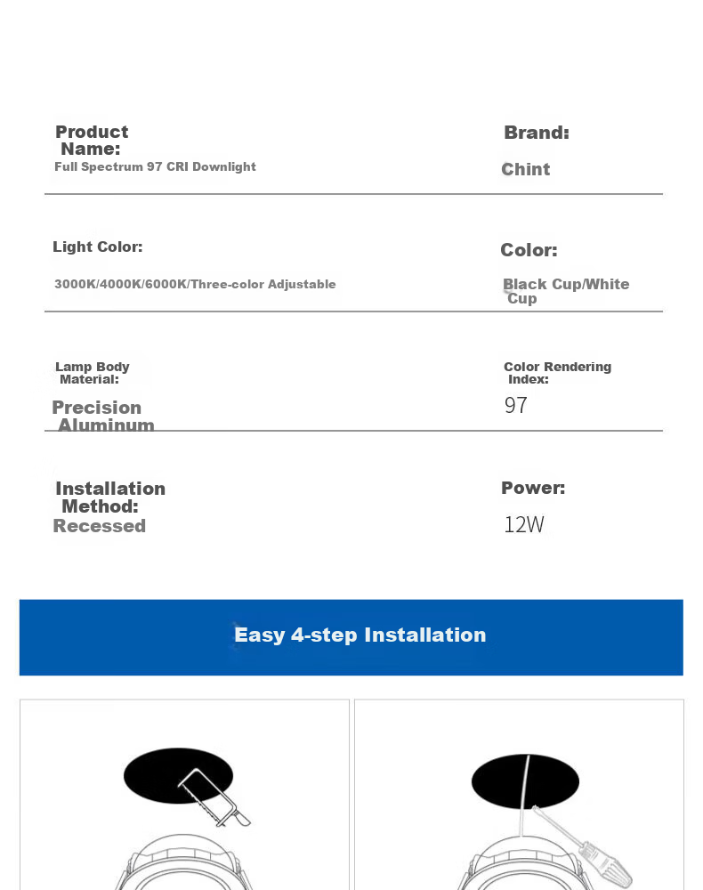 CHNT Ultra-thin LED Downlight Anti-glare Recessed Non-main Light Office Hole Light 90 CRI 12W 4000K Neutral Light 9.5cm Cutout 22