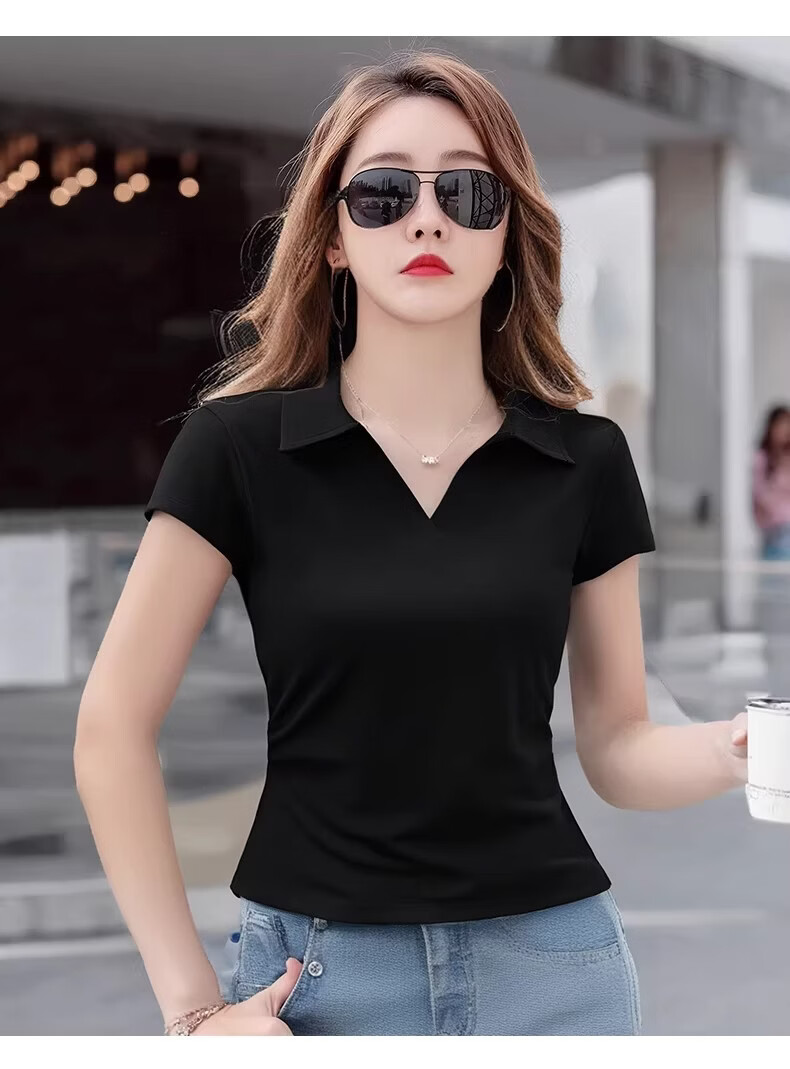 Woodpecker Pure Cotton Polo Collar Short Sleeve T-Shirt Women Summer Shoulder Pleated Waist Slim Fit Cropped Top Black XL 16