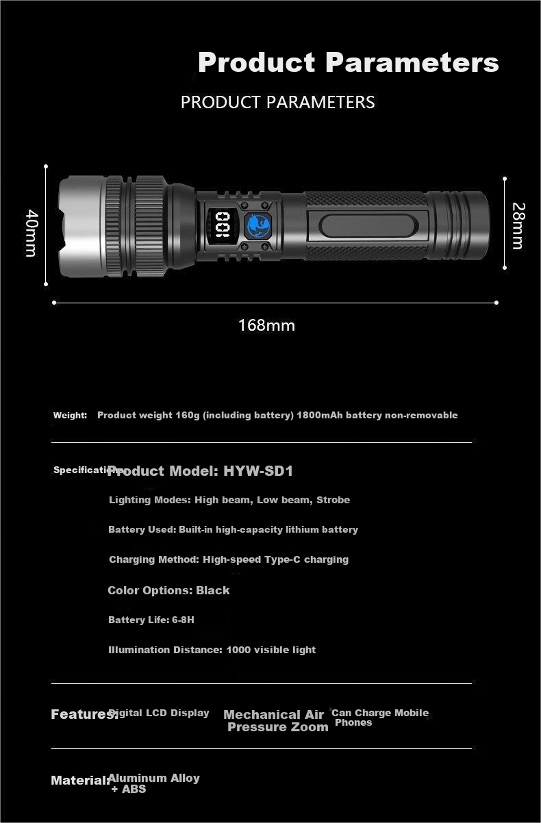 Hanyiwei Industrial Mobile Lighting High-Power Flashlight HYW-SD1 1800mAh Long Battery Life Zoomable Long-Range Outdoor Survival Ultra-Bright Rechargeable Portable Emergency Light 11