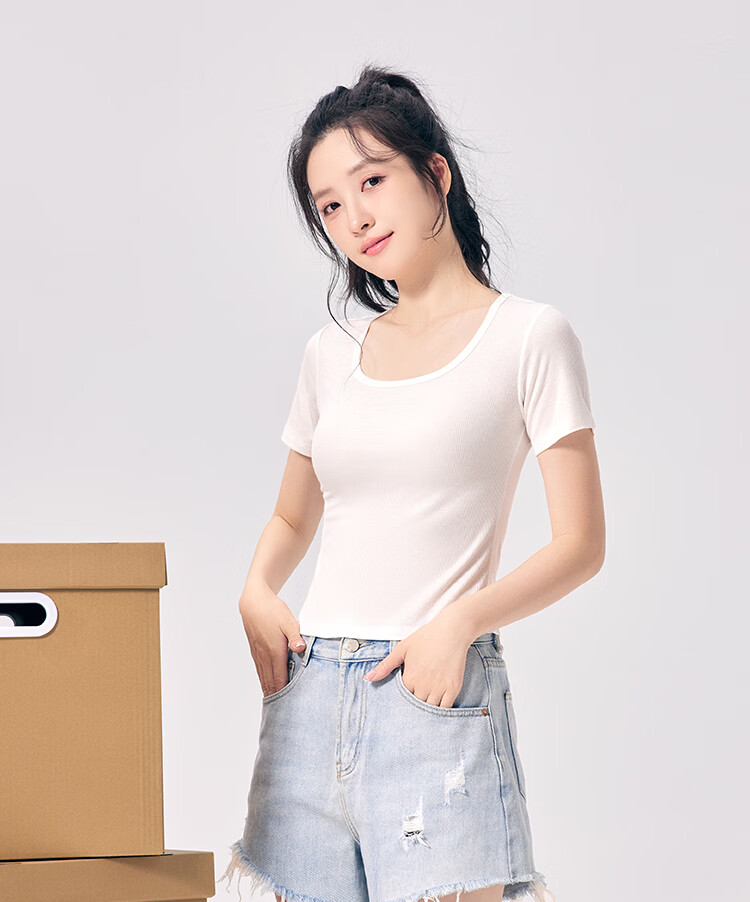 Hodo Women's T-Shirt 10A Antibacterial Smooth Modal Stretch Ribbed Slim Fit Versatile Short Sleeve Top 13