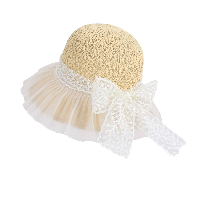 GLO-STORY Women's Lace Bow Straw Hat Summer Breathable Wide Brim Sunshade Sunscreen Beach Hat