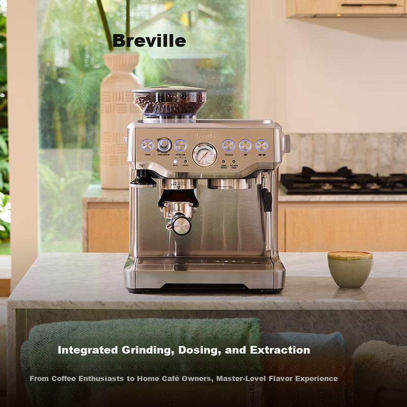 Breville BES870 Semi-Automatic Espresso Machine Home Italian Grinder and Milk Frother Integrated Removable Bean Hopper 16-Level Grinding