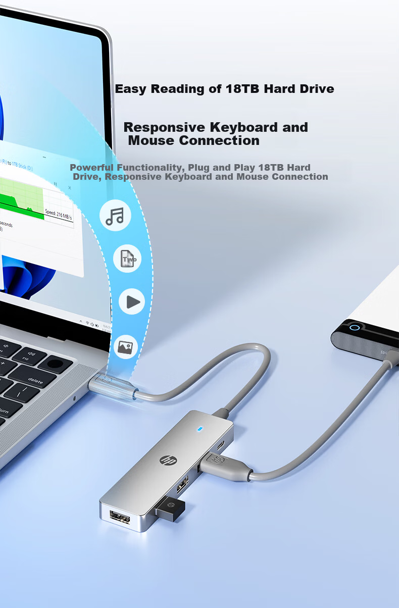 HP CT110X USB 5-Port Multi-Interface Hub Dock High-Speed Splitter Extension Cable Silver 4