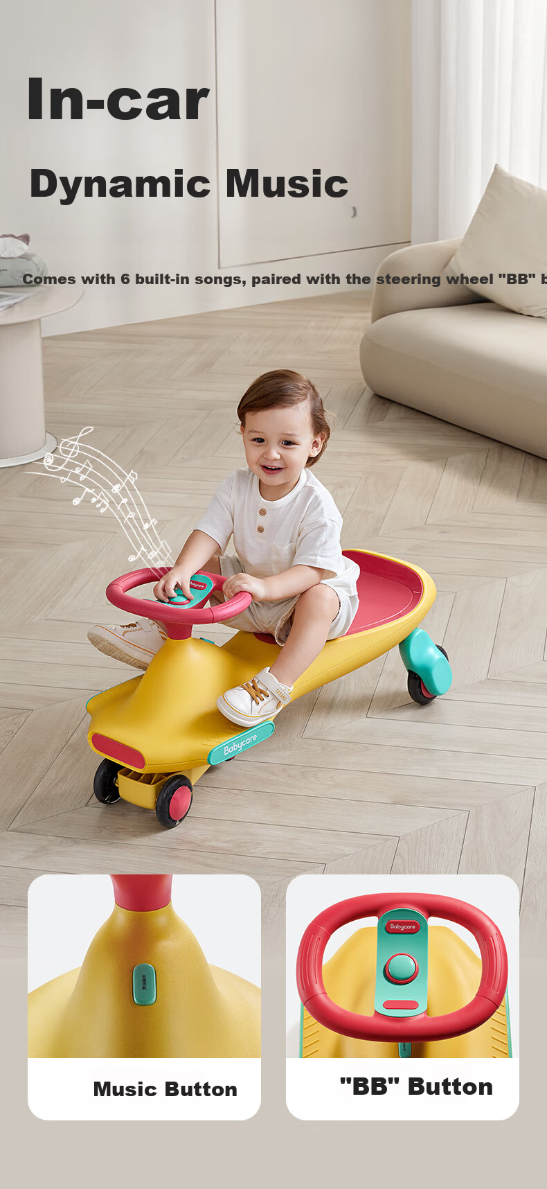 Babycare Noah Twist Ride-On Anti-Tip Toddler Scooter Rocking Car Baby Glide Toy 3-6 Years Rubber Pink 4