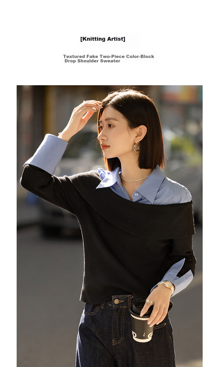 Demana Spring Design Faux Two-Piece Colorblock Wool Blend Knit Sweater with Lapel and Drop Shoulder Long Sleeve Top for Women 2