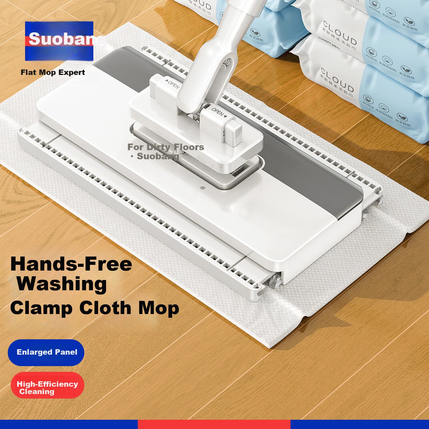 Sobon Facial Towel Flat Mop 24cm 2 Cloths Household Hands-Free Cleaning Mop Magic Telescopic Rod Clip Cloth Mop
