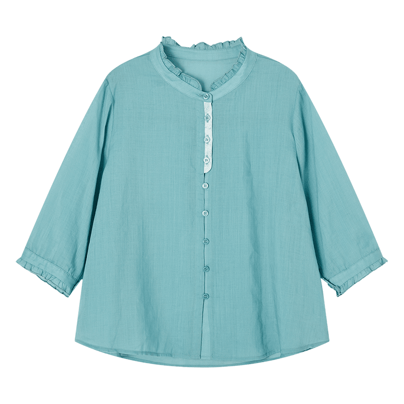 Demana [Ramie Fuchou] Summer Ruffled Collar Three-Quarter Sleeve Loose Slim Cardigan Shirt for Women Premium Quality