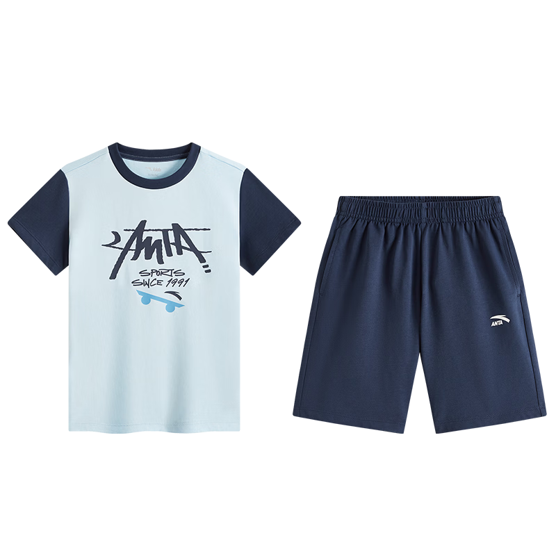 Anta Kids Unisex Knitted Sports Set 2026 Summer Breathable Cotton Short Sleeve and Shorts Trendy A72629714