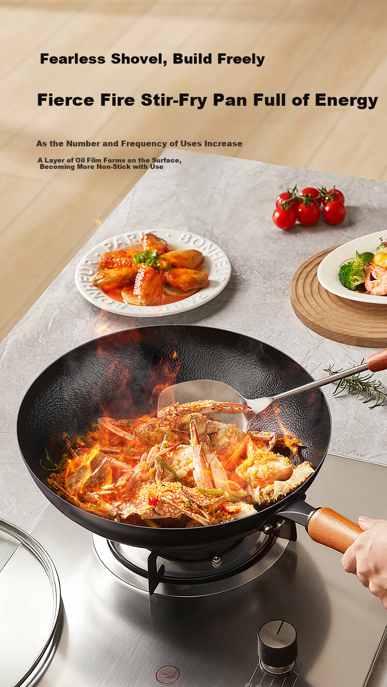 Sacon Handmade Forged Iron Wok Rust-Resistant Non-Coated Non-Stick Round Bottom Stir Fry Pan 32cm with Lid Compatible with Gas and Induction Cooktops 9