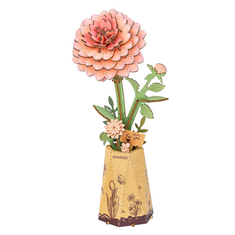 Ruowu Wooden Art Blooming Apricot Pink Dahlia Building Block DIY Handmade Toy Birthday Children's Day Gift