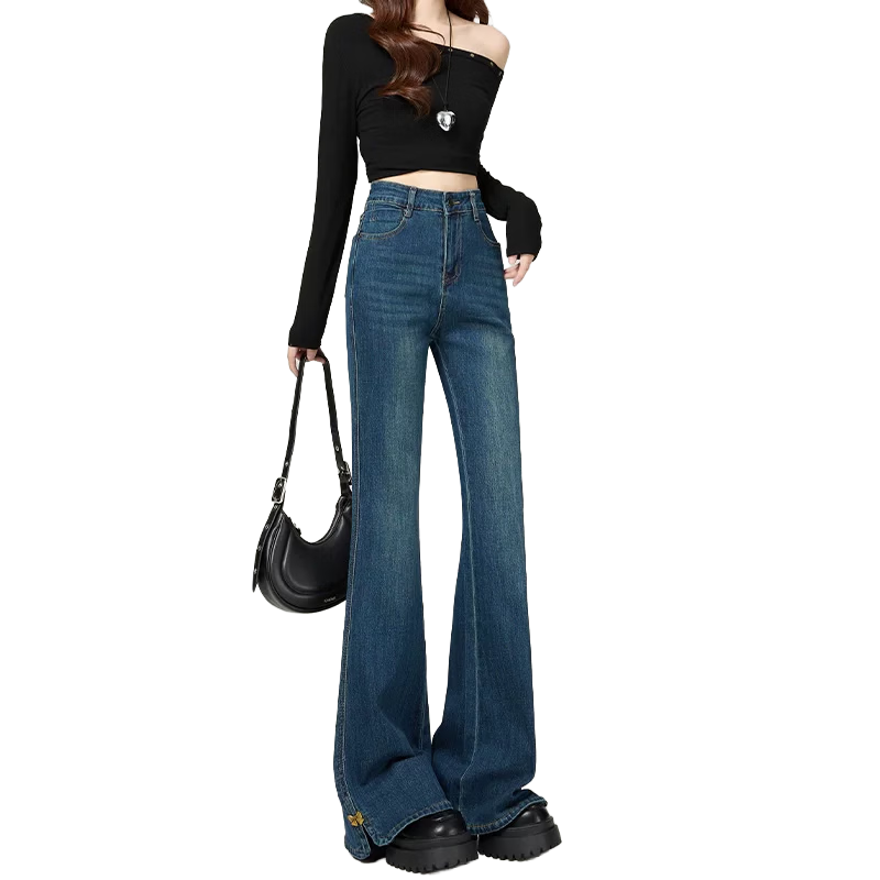 :CHOCOOLATE IT Split Flared Jeans for Women Spring Summer New Small Size Plus Size Flared Pants Light Blue XL