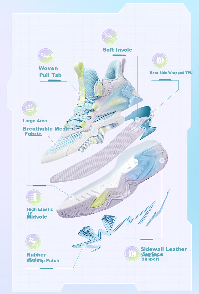 ERKE Kids Boys Basketball Shoes Mid-Childhood Lace-Up Cushioning Durable Sneakers Seaside Blue/Microcrystalline White Size 39 20