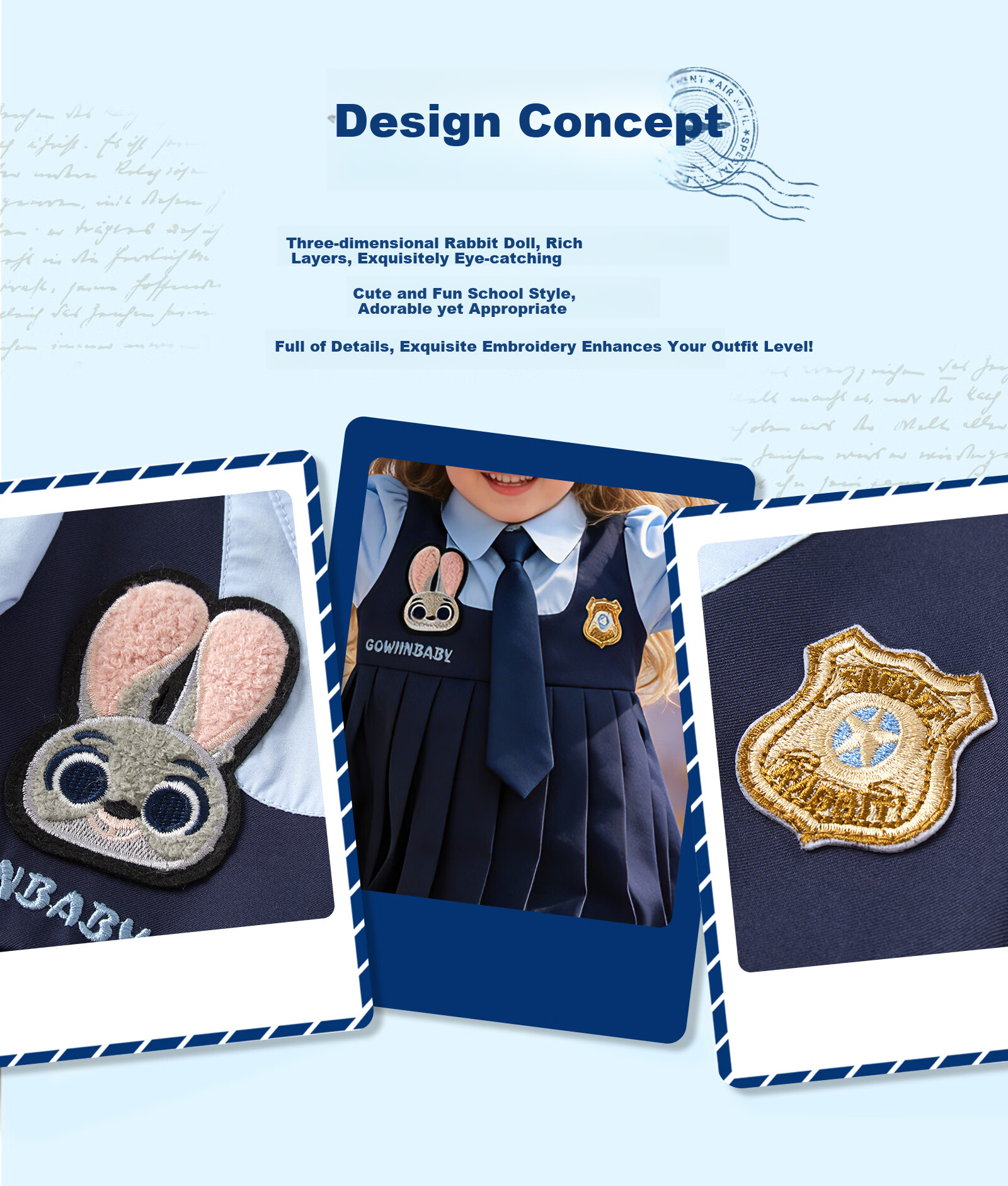 GOWINBABY Girls' School Style Dress 2026 Spring Rabbit Police Officer JK Uniform Skirt New Arrival 2