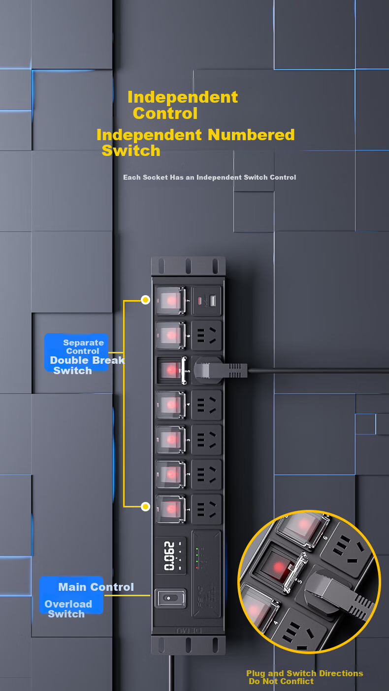 Demufen Control PDU Power Strip 8-Outlet Independent Dual Switches 1 Wired 2.5mm² 10A Plug Overload Surge Protection DMCN-2UT-XG8-Kx8KF 2