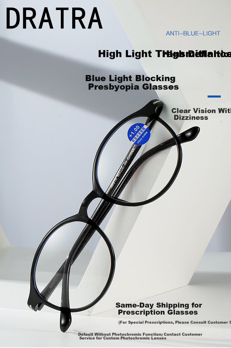 DRATRA HD Reading Glasses for Men Anti-Blue Light Lightweight Portable Round Frame Fashion Classic 1
