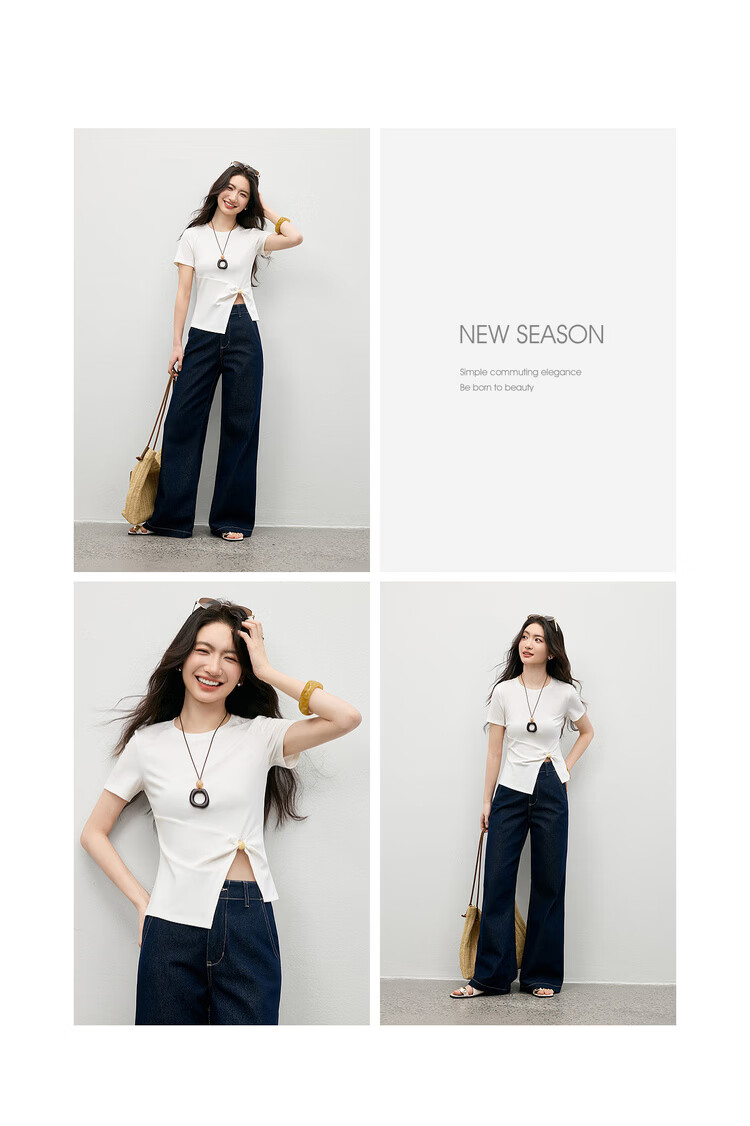 Shangdu Bila Lenzing Cotton T-Shirt Women Spring Summer Korean Style Round Neck Split Hem Beaded Twist Slim Fit Layering Top 18