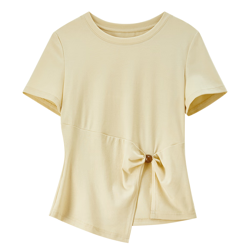 Shangdu Bila Lenzing Cotton T-Shirt Women Spring Summer Korean Style Round Neck Split Hem Beaded Twist Slim Fit Layering Top