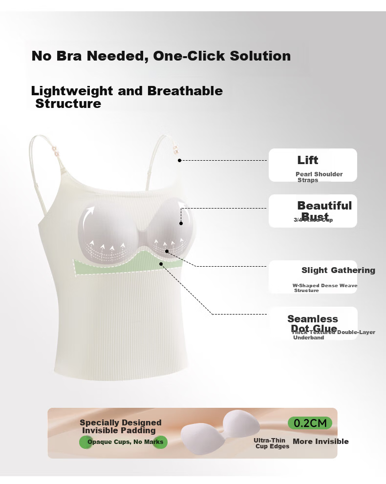 Herbal Original Color Women's Camisole Vest with Invisible Seamless Bra, Light Thin Pearl Thin Straps, Padded Base Layer, Beautiful Back Vest for All Seasons 2