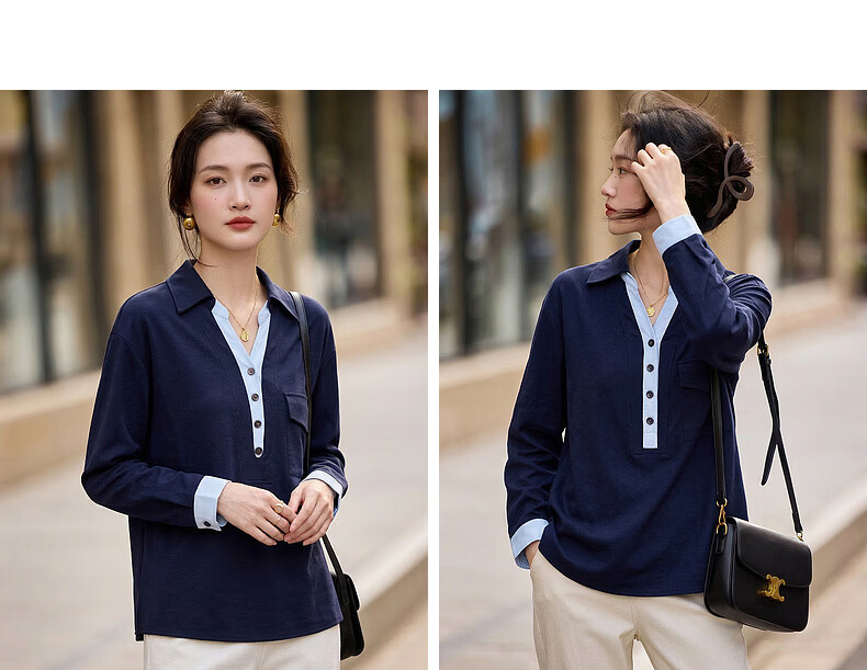 Demana Pure Cotton Slow Life Autumn Colorblock Faux Two-Piece Lapel Large Patch Pocket Loose Slim Shirt for Women Premium Feel 11