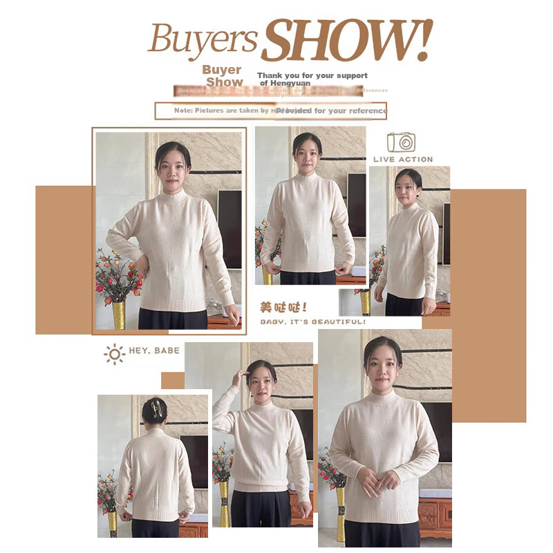 Hengyuanxiang 100% Pure Wool Women's Thick Half Turtleneck Loose Fit Base Layer Winter Fashion Knit Sweater Top 1