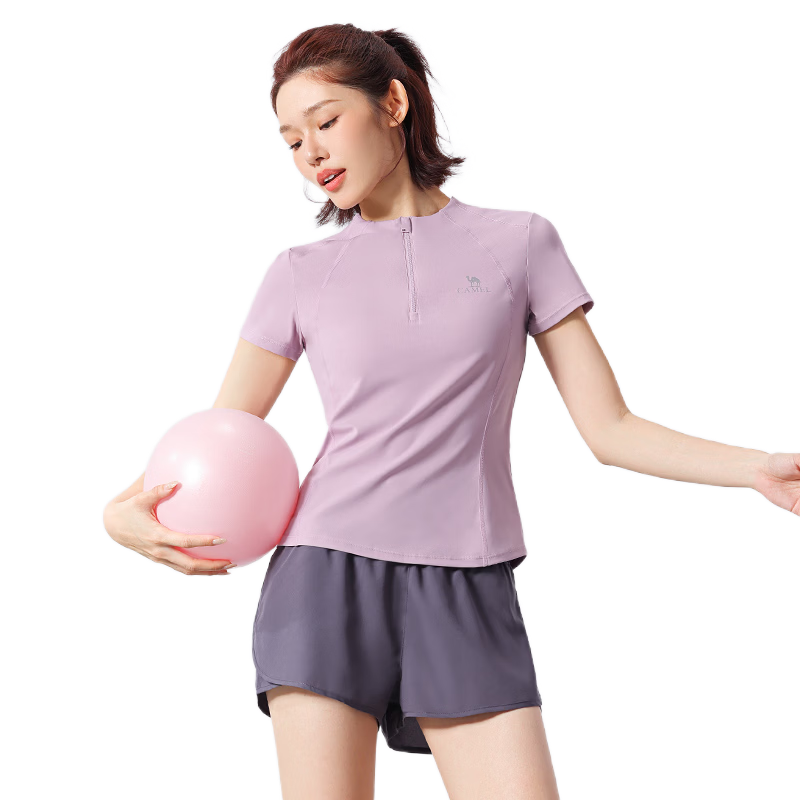 CAMEL Women's Sports Set, Summer New Style Running Yoga Fitness Short-Sleeve Shorts with Lining, Casual Elastic Sportswear