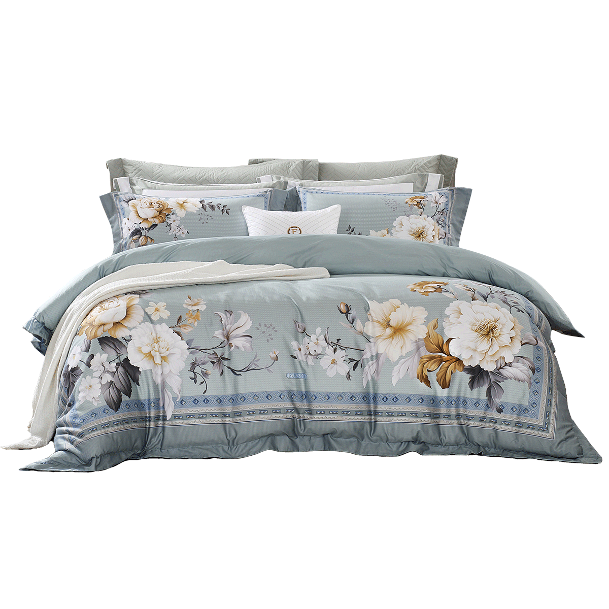 FUANNA Bedding Set 4-Piece Pure Cotton 60s National Embroidery Single Panel Flat Weave Printed Bed Sheet and Duvet Cover Double Extra Large 230×229cm