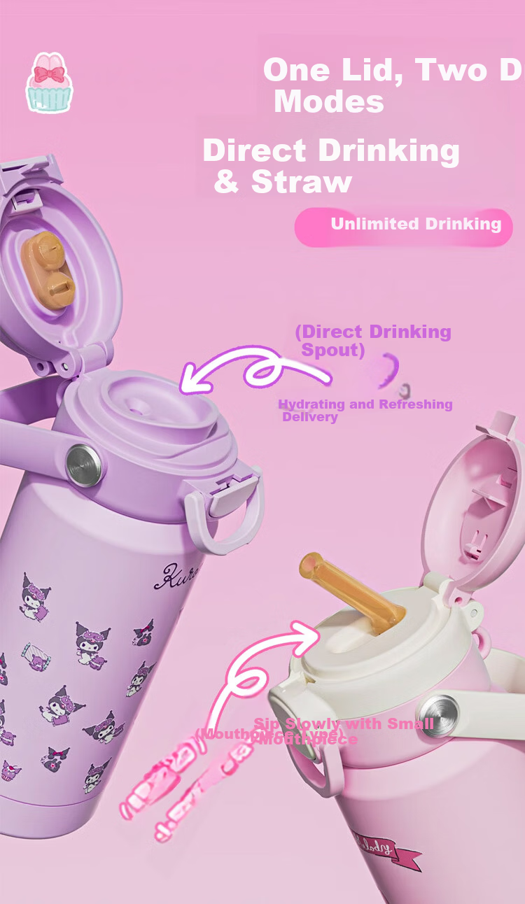 BEDDYBEAR Children's Double Drinking Insulated Bottle Portable Straw Water Cup Student School Carrying Water Bottle 510ml Duoduo Kuromi 4