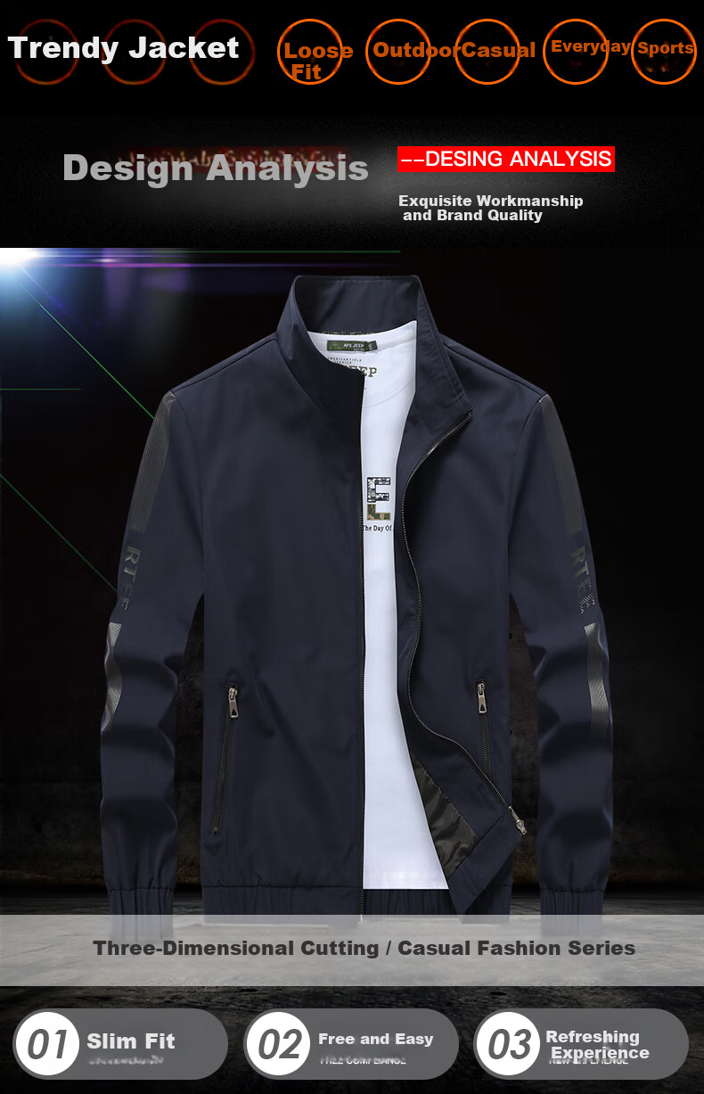 Jeanswest Men's Outdoor Sports Jacket Spring Autumn Turn-down Collar Trendy Casual Versatile Windproof Breathable Light Gray M 2
