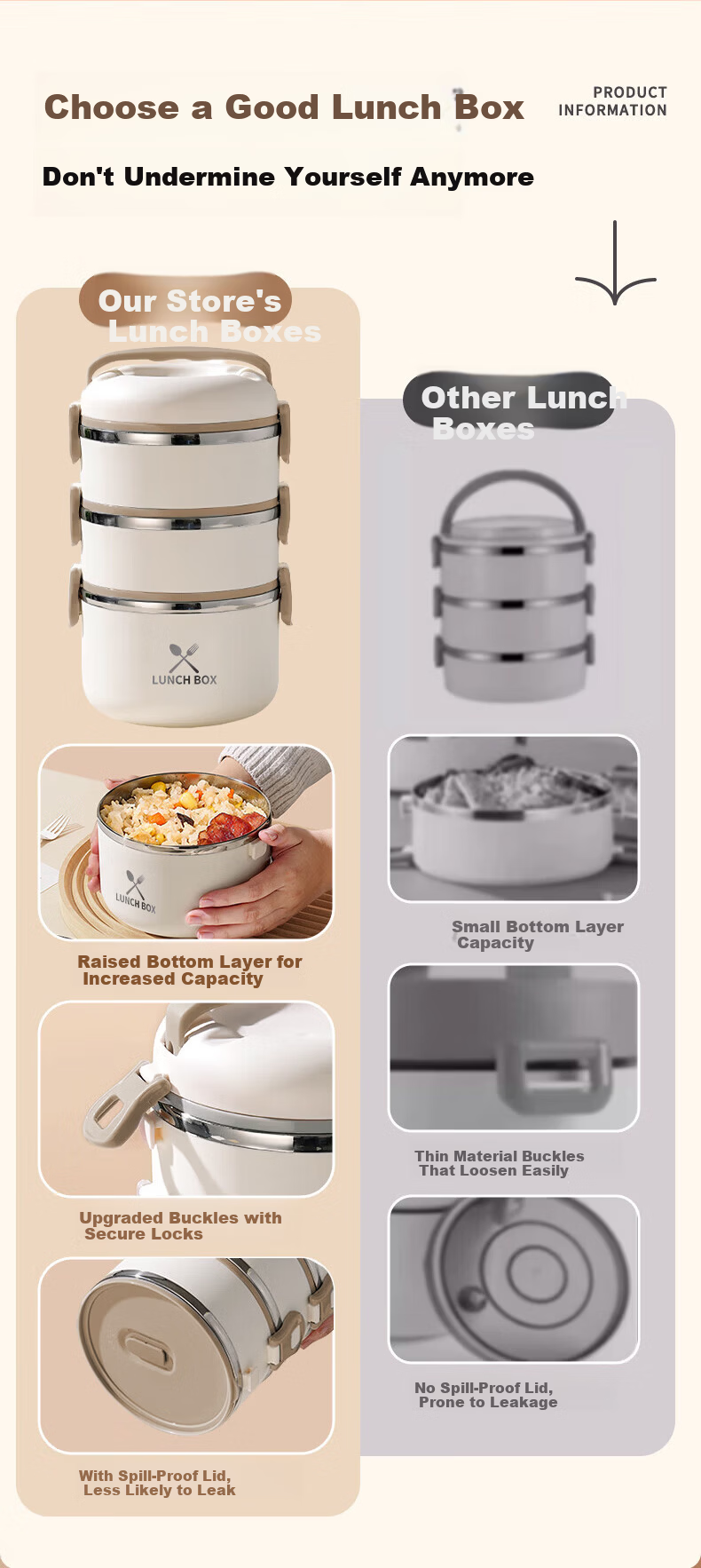 LINGCHEN Insulated Lunch Box Microwaveable Thermal Container Three-Layer Large Capacity 2-4 Hours Extended Multi-Layer Food Storage Box 2