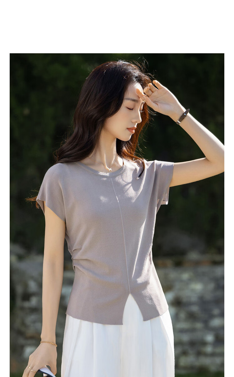 Demana Elegant Lightweight Office Summer Round Neck Split Shoulder Side Seam Ruched Slimming Knit Top for Women 11