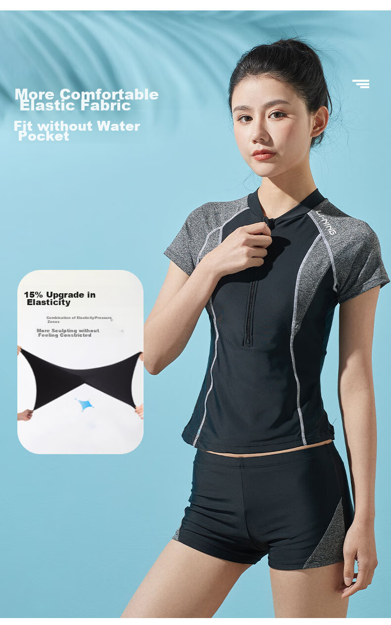Li-Ning Women's Two-Piece Swimsuit, Sports Casual Set, Tummy Control Slimming, Beach Vacation Hot Spring Swimwear, 363 Black XXL 4