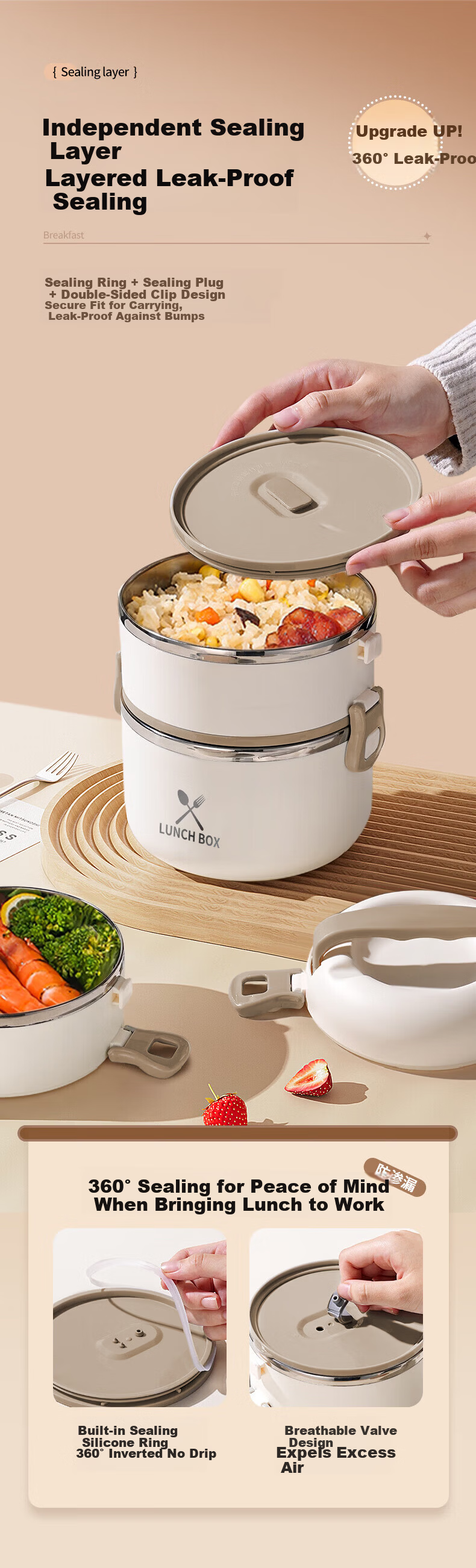LINGCHEN Insulated Lunch Box Microwaveable Thermal Container Three-Layer Large Capacity 2-4 Hours Extended Multi-Layer Food Storage Box 5