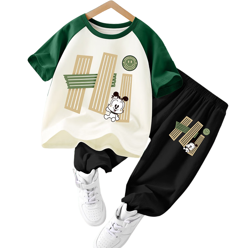 BOBDOG Boys Summer Sportswear Set Stylish Green White + Black 110