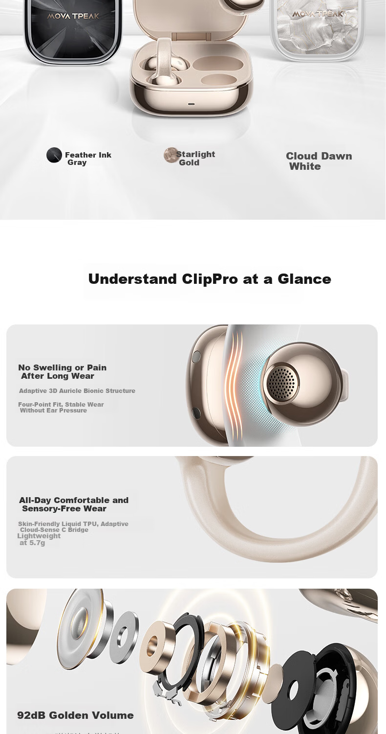 MOVA TPEAK Clip Pro Clip-On Earphones Wireless Bluetooth Cloud Sensor C Bridge AI Assistant Real-Time Translation Star Gold Luxury High-End Gift for Men and Women 5