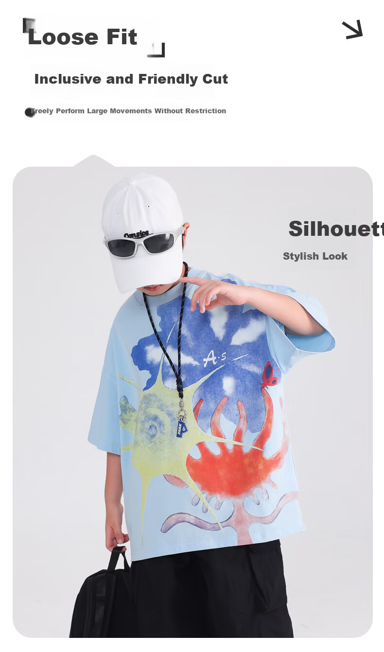 BABY HH Boys Summer Dopamine Graffiti Short Sleeve T-Shirt 2025 New Trendy Top Blue Lightweight Size 120 1