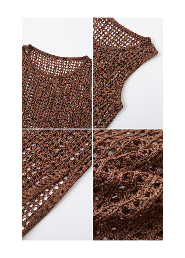 MT Breathable Knit Spring French Vacation Style Hollow Out Sleeveless Side-Slit Mid-Length Women's Dress 19