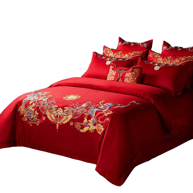BEYOND Home Textiles Wedding Six-Piece Set, Pure Cotton, New Wedding Red, Traditional Embroidery, Dragon And Phoenix Wedding Set, Long-Teng Fengyue, 1.8 Meters