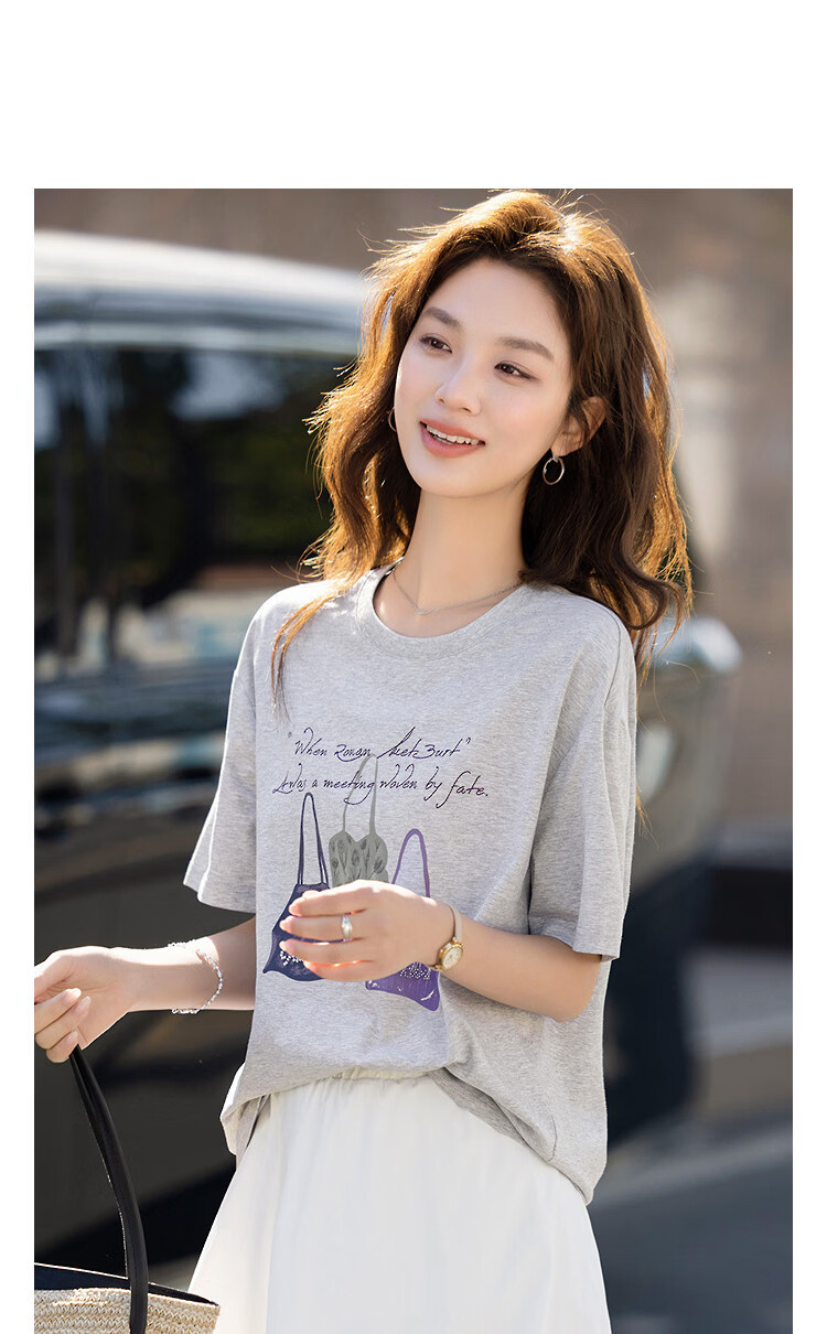 Demana [Soft Elastic Cotton Amine] Summer Korean Style Casual Printed Beaded Embroidered Round Neck Short Sleeve Loose Slim Women's T-Shirt 14