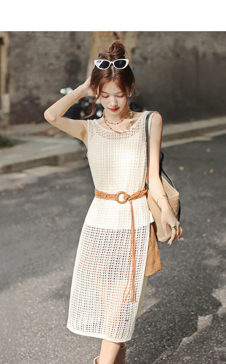 MT Breathable Knit Spring French Vacation Style Hollow Out Sleeveless Side-Slit Mid-Length Women's Dress 5