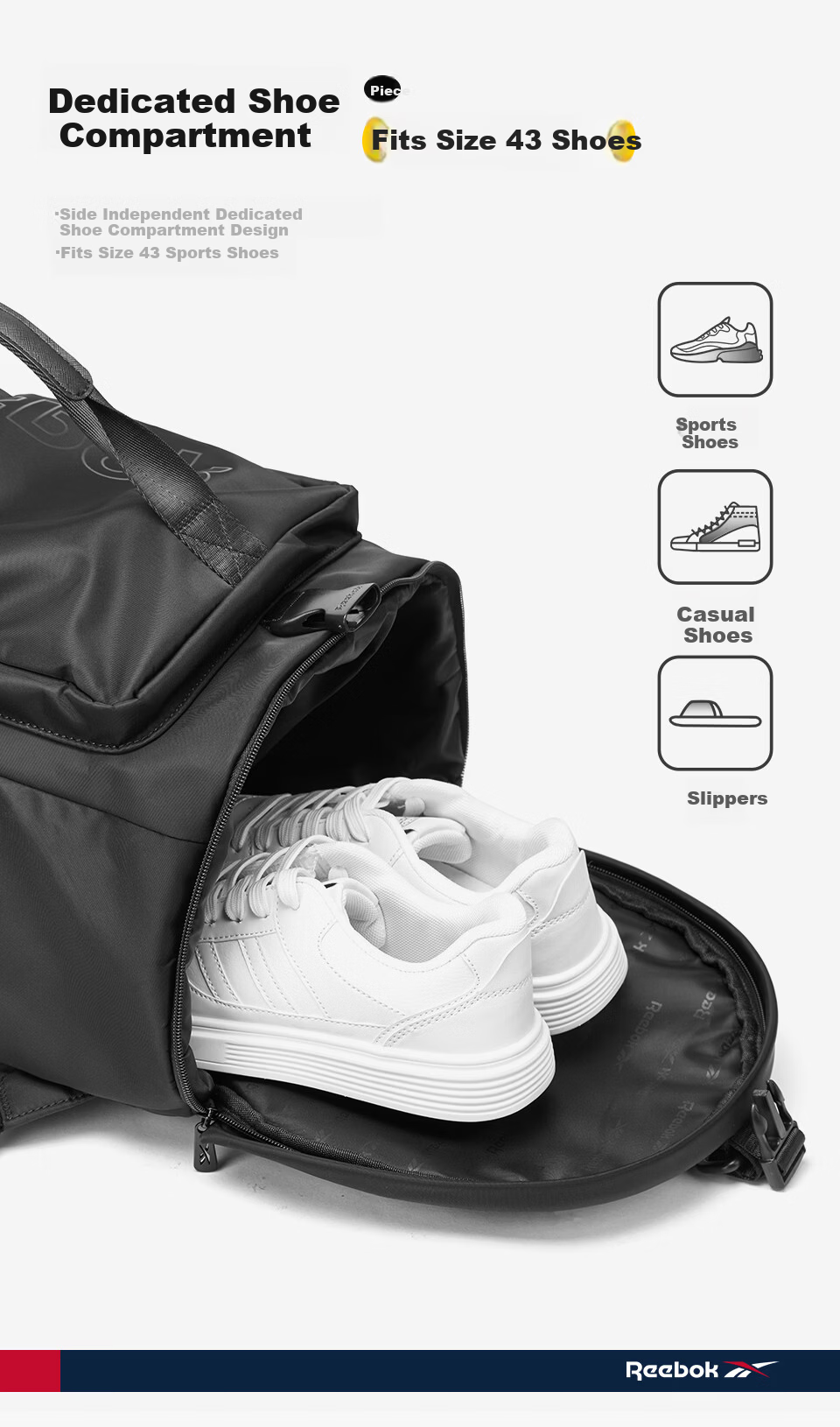 Reebok Men's New Water-Resistant Sports Backpack Large Capacity Travel Handbag Light Gray 7