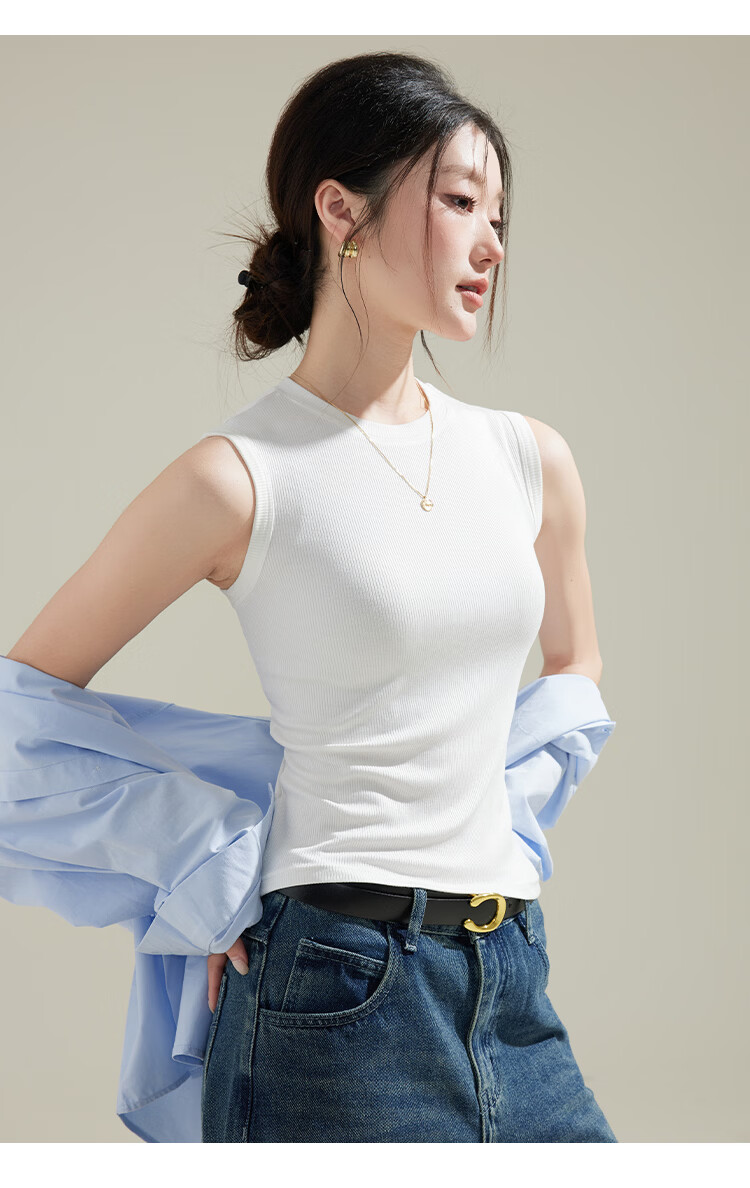 Langsha Women's New Slim Fit Ribbed High Neck Sleeveless Top Korean Style Fashionable Gray 11