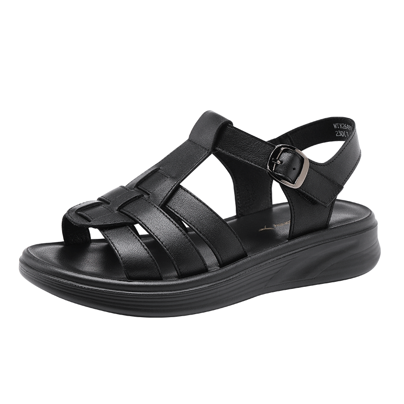 Red Dragonfly Women's Soft Sole Open Toe Leather Roman Sandals Breathable Height Increasing Velcro Clogs WTK264911 Black Size 38