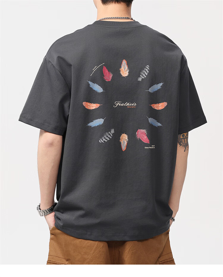 MARK FAIRWHALE Men's Summer Heavyweight Cotton Short Sleeve T-Shirt Fashion Printed Casual Tee Apricot S 9